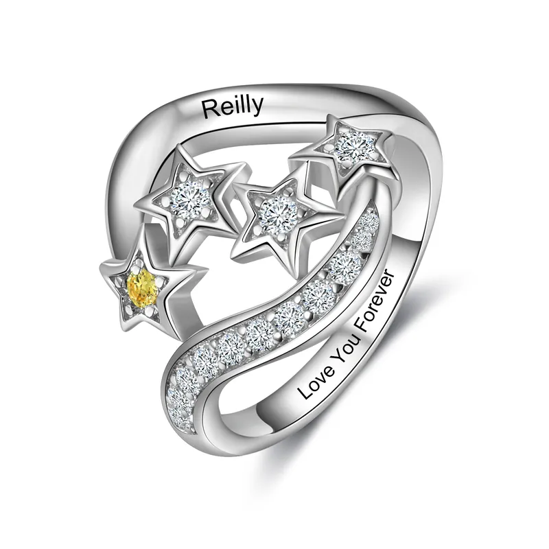 Gros Lot Bague étoilé 1 Prénom Personnalisé avec 1 Pierre de Naissance et texte en Argent 925