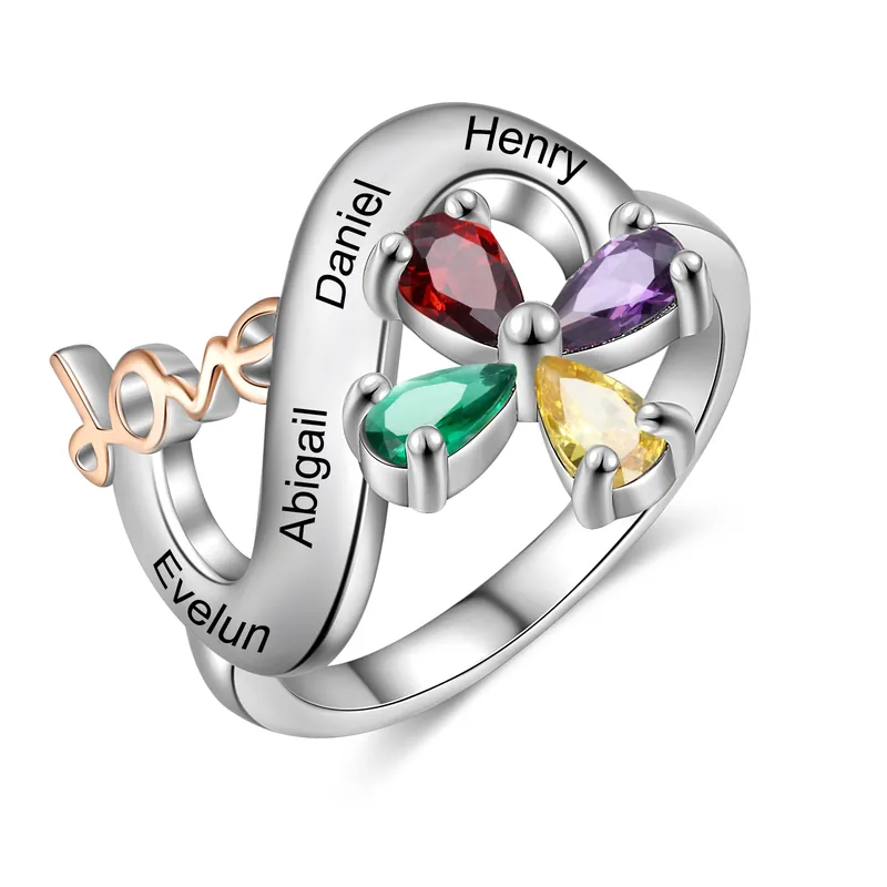 Bague Papillon 4 Prénom Personnalisé avec 4 Pierre de Naissance Offre Exclusive