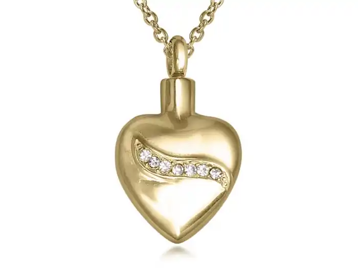 Pendentif reliquaire pour cendres cœur bombé brillant en acier inoxydable plaqué or avec chaîne Populaire
