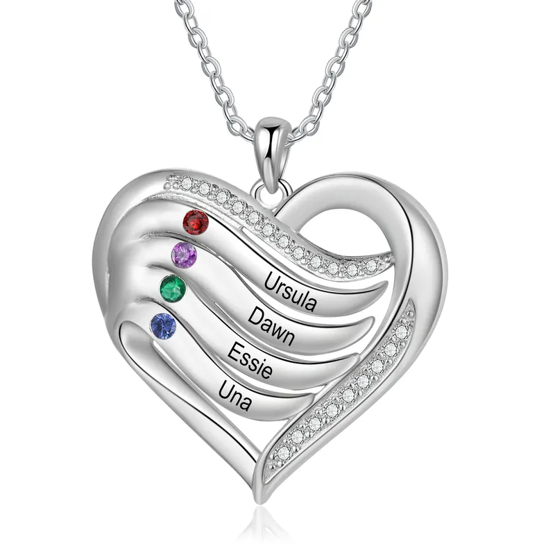 Collier Pendentif Cœur 4 Prénoms Personnalisés avec Pierre de naissance pour Femmes Acheter En Ligne
