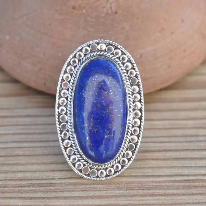 Longue bague ethnique argent & pierre Lapis lazuli oblongue T55 Commande En Gros