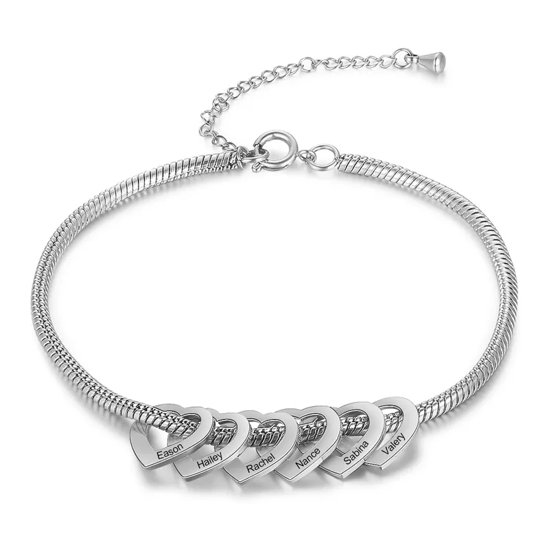 Vente Directe Bracelet Cheville Réglable Prénom Personnalisés Pour Femmes Avec 6 Pendentif Coeur