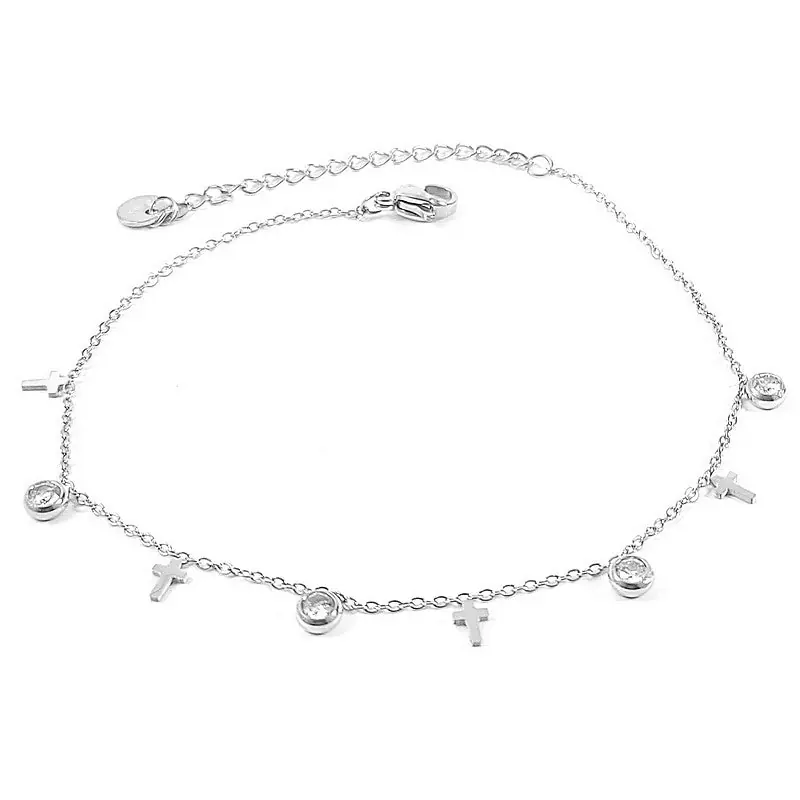 Expédié Aujourd’hui Chaîne de cheville acier inoxydable croix argenté diamant CZ