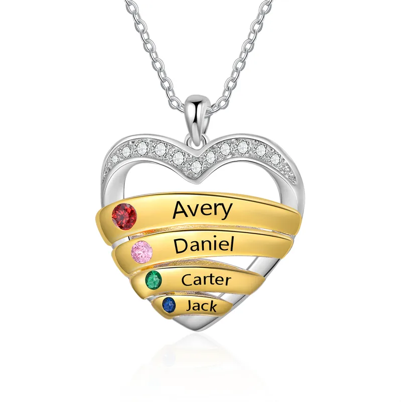 Meilleure Vente Collier Pendentif Cœur 4 Prénoms Personnalisés avec Pierre de Naissance Collier Femmes