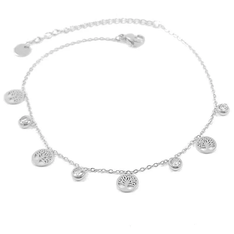 Exclusif Chaîne de cheville acier inoxydable arbre de vie argenté diamant CZ