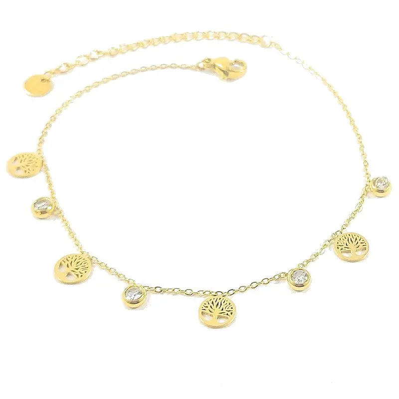 Chaîne de cheville acier inoxydable arbre de vie or diamant CZ Prix Bas