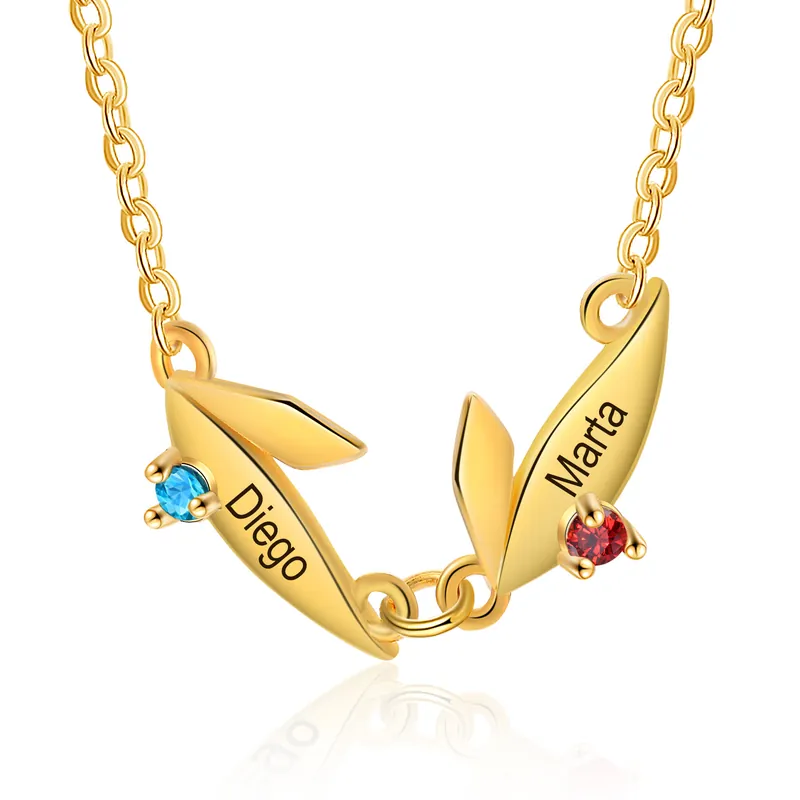 Acheter En Ligne Collier Feuille 2 Prénoms Personnalisés avec Pierre de naissance Collier Femmes