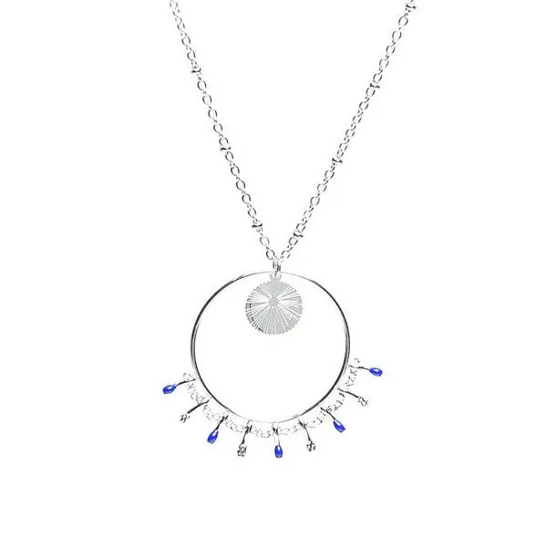 Collier acier inoxydable argenté breloques cercles pendants bleu Meilleur Choix