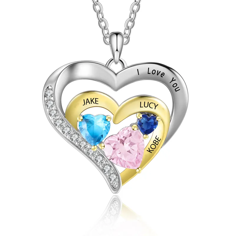 Collier Pendentif Cœur 3 Prénoms et 1 Texte Personnalisés avec Pierre de naissance pour Femmes Artisanat