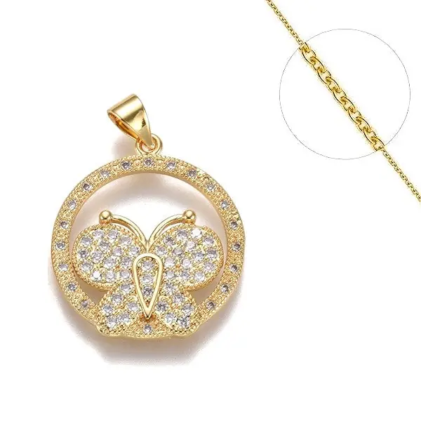 Collier chaine et pendentif zircon cubique cercle orné d'un papillon Haute Qualité