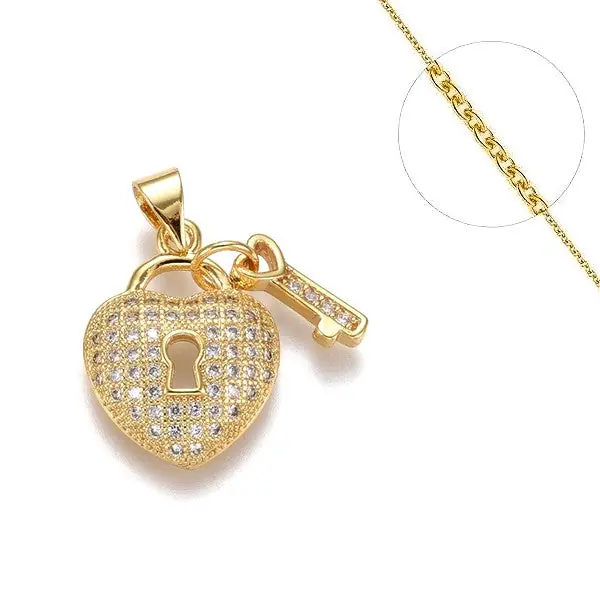 Collier chaine et pendentif zircon cubique coeur avec cléf Artisanat