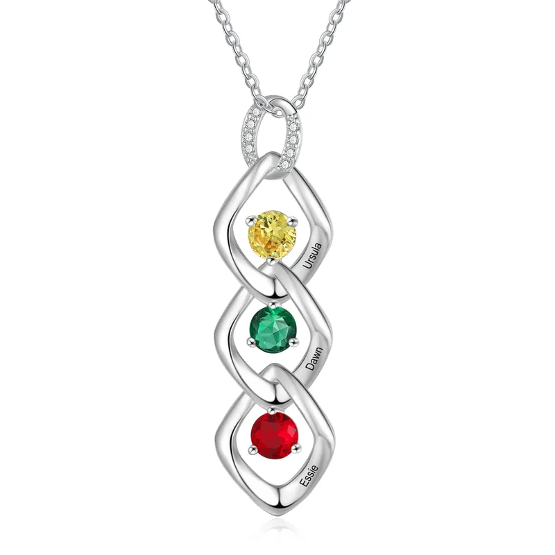 Prix Réduit Collier Pendentif 3 Prénoms Personnalisés avec Pierre de naissance pour Femmes