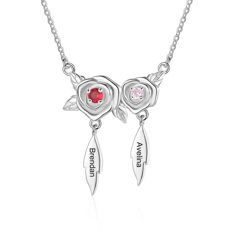 Collier de rose 2 Prénoms Personnalisé avec 2 pierres de naissance Vente Directe