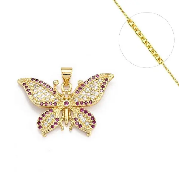 Offre Exclusive Collier chaine et pendentif zircon cubique fuchsia et blanc papillon