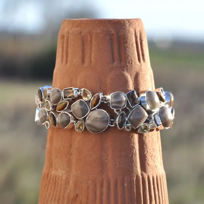 Gros bracelet argent 42 pierres en pierre de silex citrine oeil de tigre quartz fume Promotion