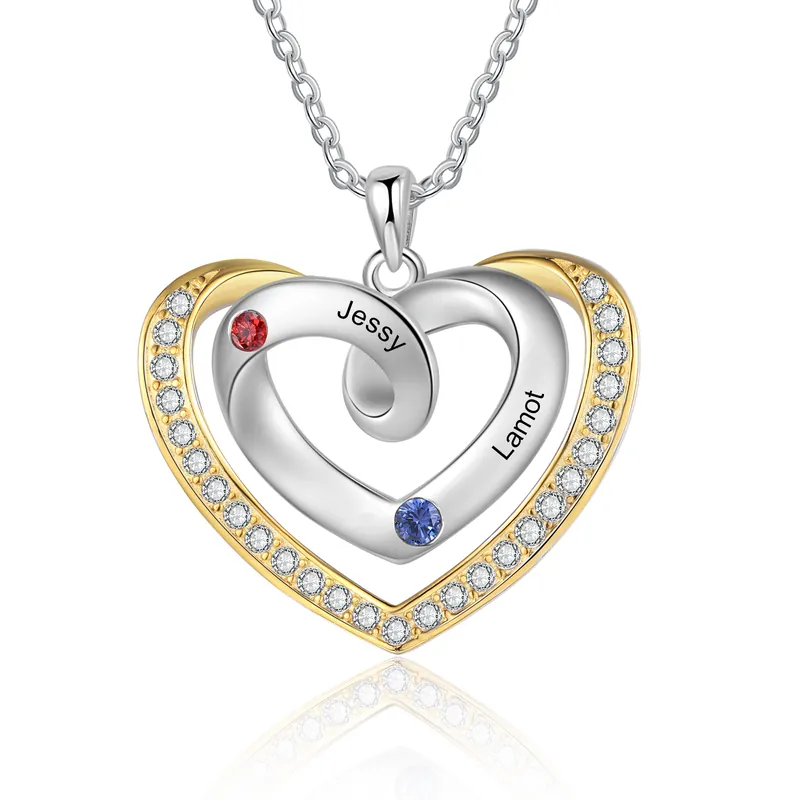 Top Qualité Collier Pendentif Cœur 2 Prénoms Personnalisés avec Pierre de Naissance Collier Femmes