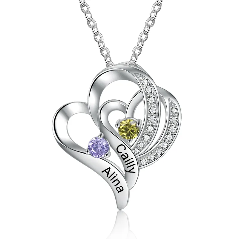 Collier Double Coeur Gravé Deux Prénoms Personnalisé avec Pierres de Naissance pour Femme Prix Cassé