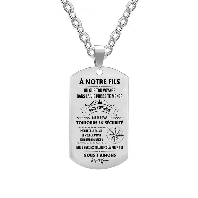 A mon fils - Papa et maman - Collier Personnalisé texte Gravé au dos Collier Homme Vente Flash