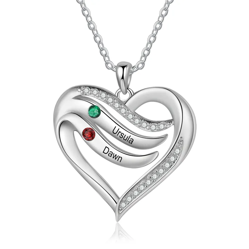 Acheter Direct Collier Pendentif Cœur 2 Prénoms Personnalisés avec Pierre de naissance pour Femmes