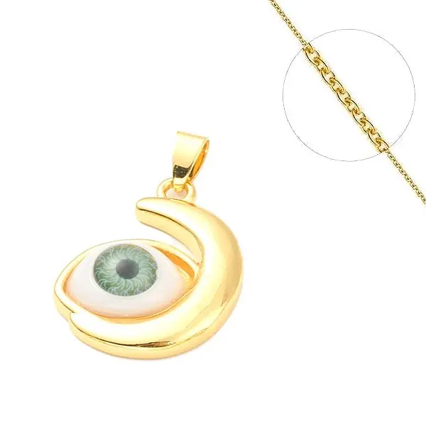 Collier chaine et pendentif zircon cubique oeil vert Livraison Mondiale