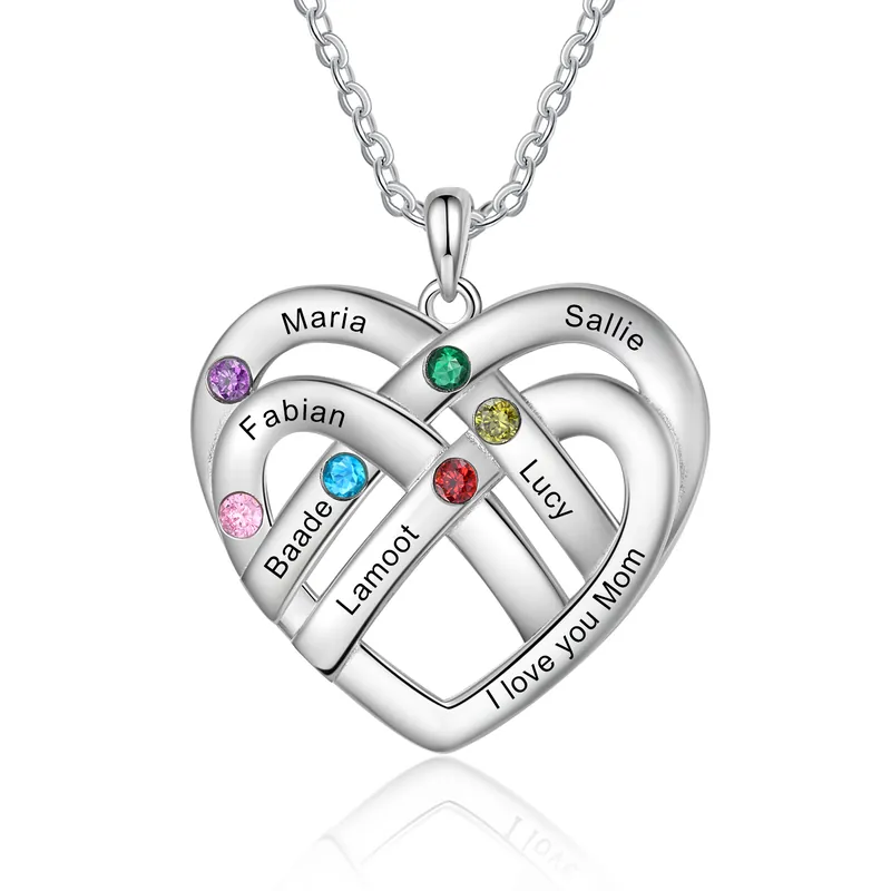 Acheter En Ligne Collier Pendentif Cœur 6 Prénoms et 1 Texte Personnalisés avec 6 Pierres de Naissance Collier Femmes
