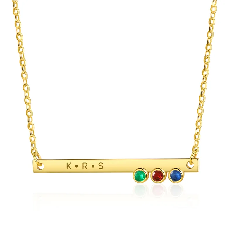 Collier Barre fine 1 Texte Personnalisé avec 3 Pierres de naissance Collier Femmes Promotion