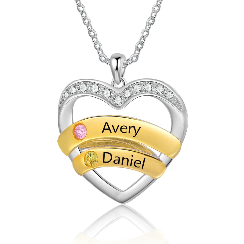 Collier Pendentif Cœur 2 Prénoms Personnalisés avec Pierre de Naissance Collier Femmes Bon Marché