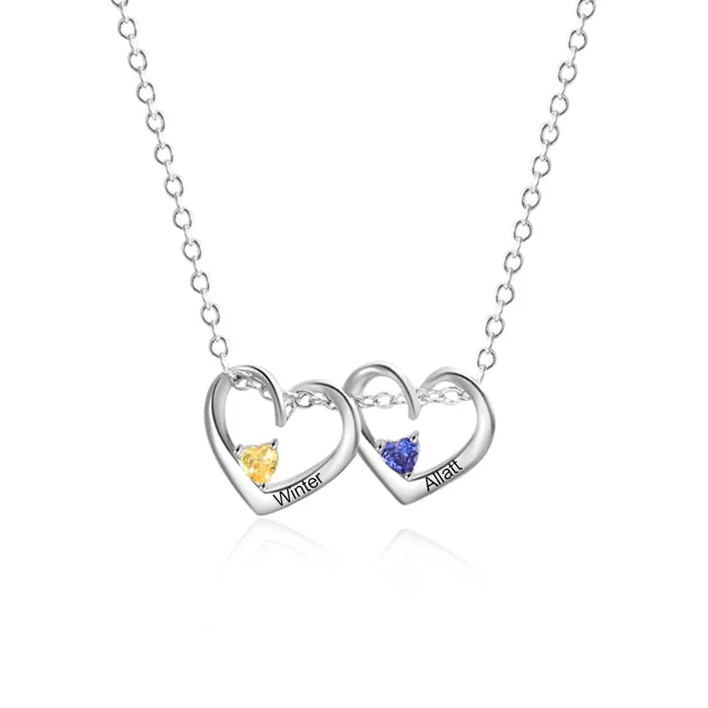 Vente Directe Collier Pendentif Cœur 2 Prénoms Personnalisés avec Pierre de Naissance Collier Femmes