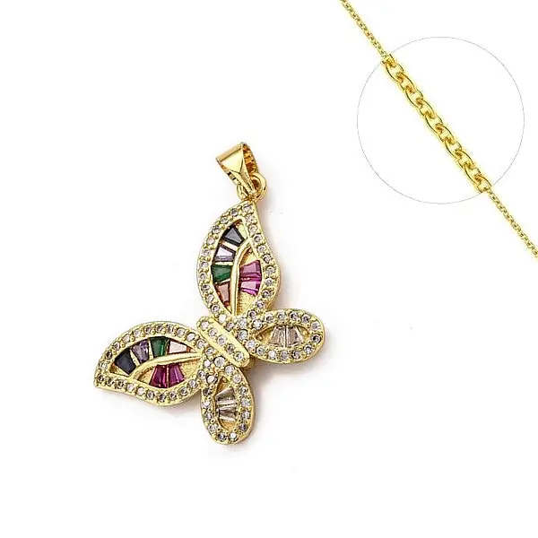 Collier chaine et pendentif zircon cubique rouge et verre papillon Meilleure Qualité