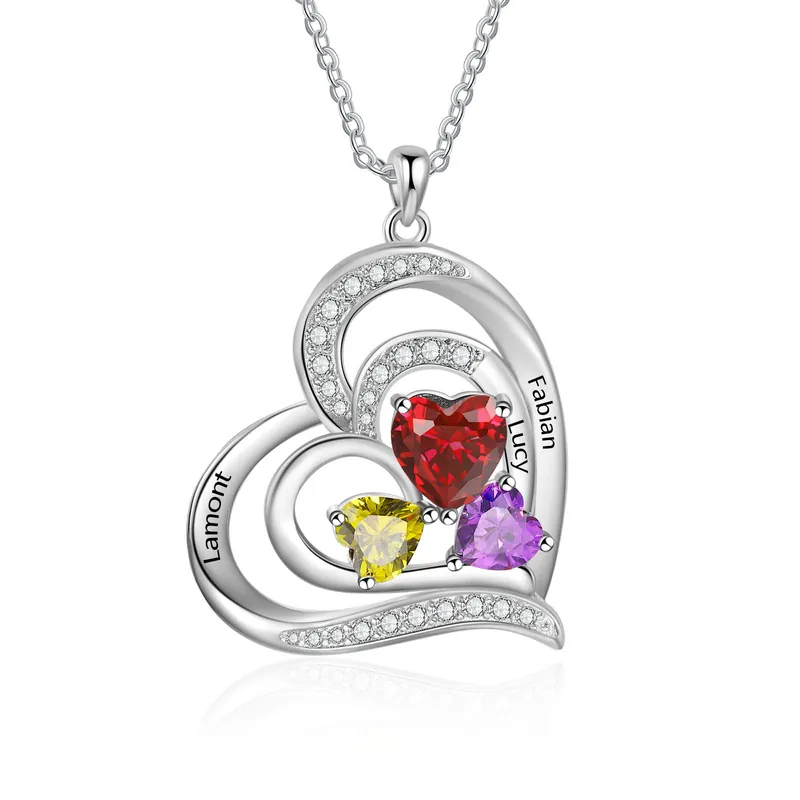 Offre Exclusive Collier Pendentif Cœur 3 Prénoms Personnalisés avec 3 Pierres de Naissance Collier Femmes