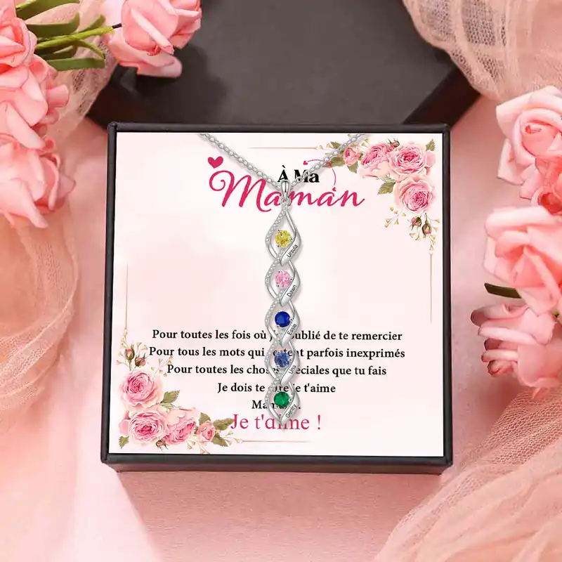 À Ma Maman - Collier Pendentif infini 4 Prénoms Personnalisés avec Pierre de naissance pour Femmes Offre Exclusive