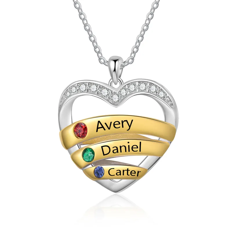 Paiement Sécurisé Collier Pendentif Cœur 3 Prénoms Personnalisés avec Pierre de Naissance Collier Femmes