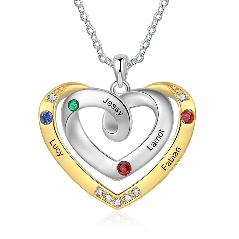 Collier Pendentif Cœur 4 Prénoms Personnalisés avec Pierre de Naissance Collier Femmes Acheter Direct