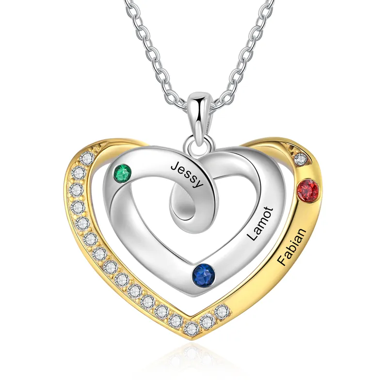 Collier Pendentif Cœur 3 Prénoms Personnalisés avec Pierre de Naissance Collier Femmes Affaire À Saisir