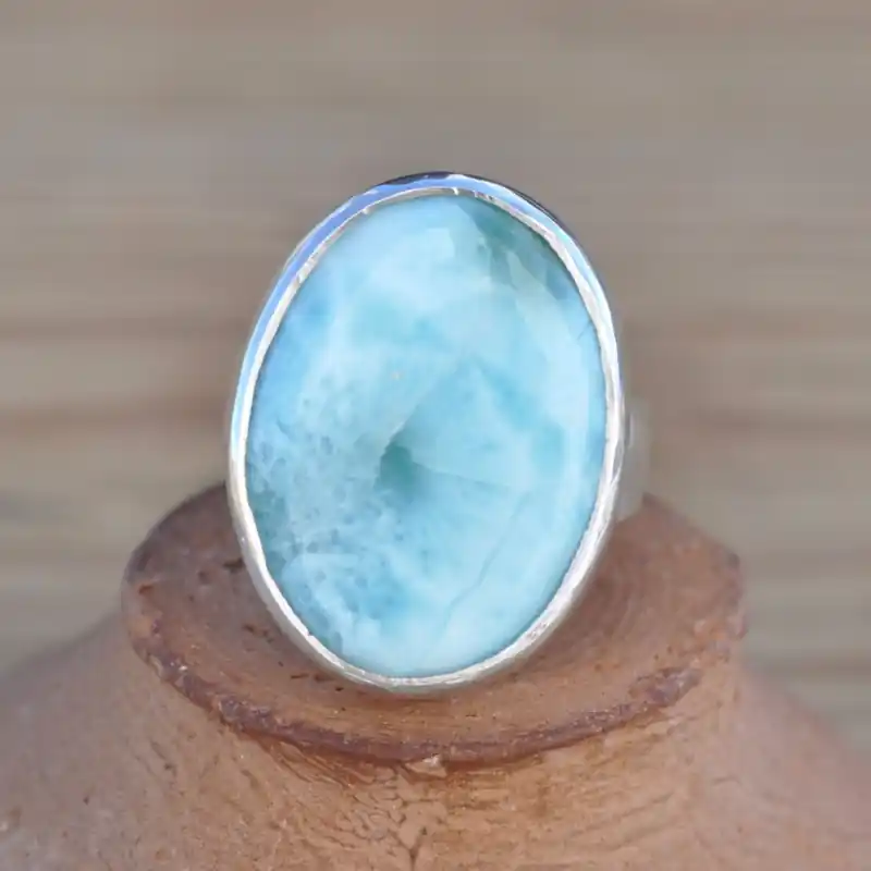 Authentique Bague ovale pierre Larimar sertie d'argent T57