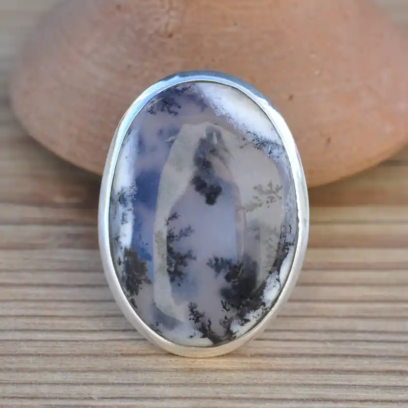 Grosse bague ovale argent et Agate dendrite (blanc) T58 Authentique