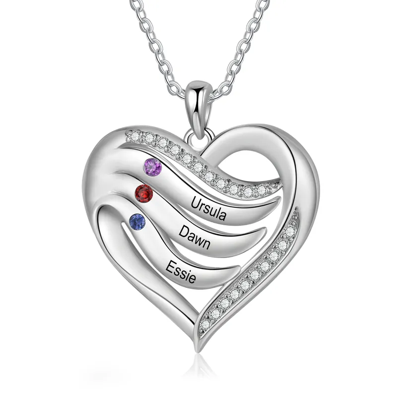 Meilleur Choix Collier Pendentif Cœur 3 Prénoms Personnalisés avec Pierre de naissance pour Femmes