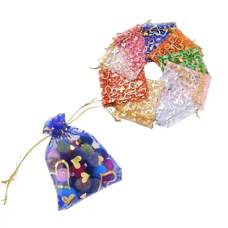 Paiement Sécurisé Pochettes organza couleurs mélangées cœur or - 12 * 10 cm - Lot de 10