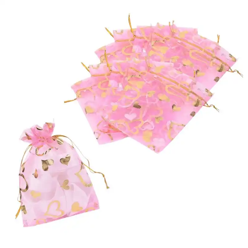 Pochettes organza rose cœur or - 12 * 10 cm - Lot de 10 Édition Limitée