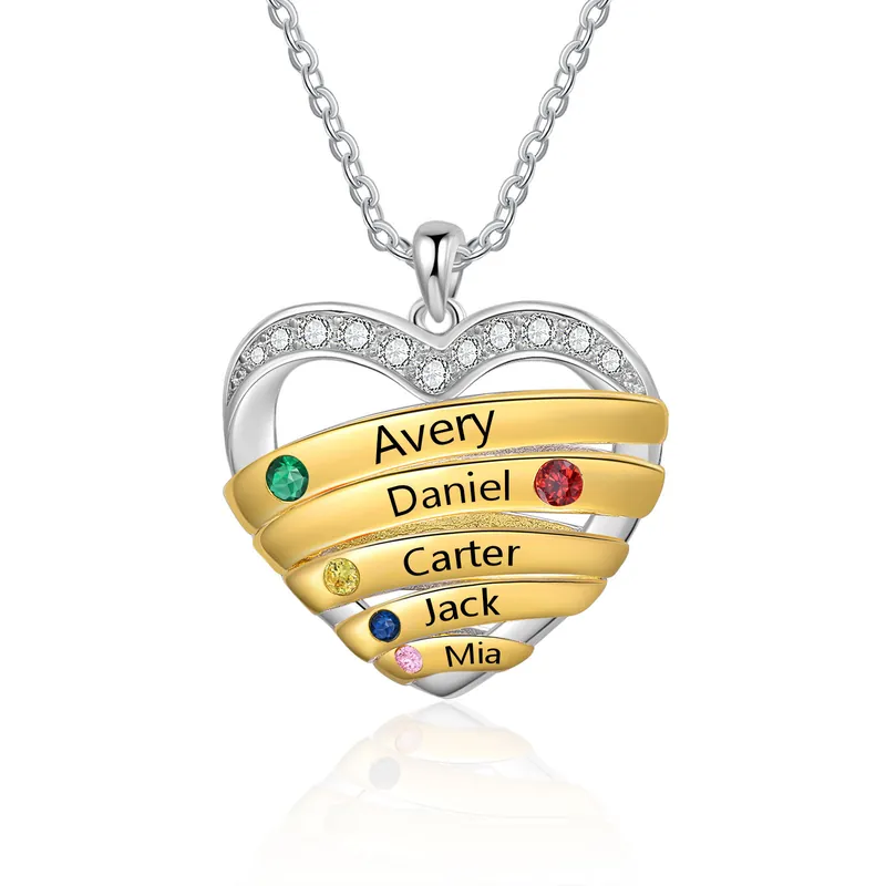 Collier Pendentif Cœur 5 Prénoms Personnalisés avec Pierre de Naissance Collier Femmes Petit Prix