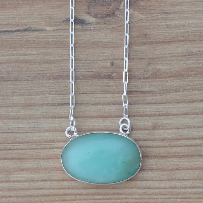Collier chaine argent et pendentif ovale en CHRYSOPRASE (vert) Marque