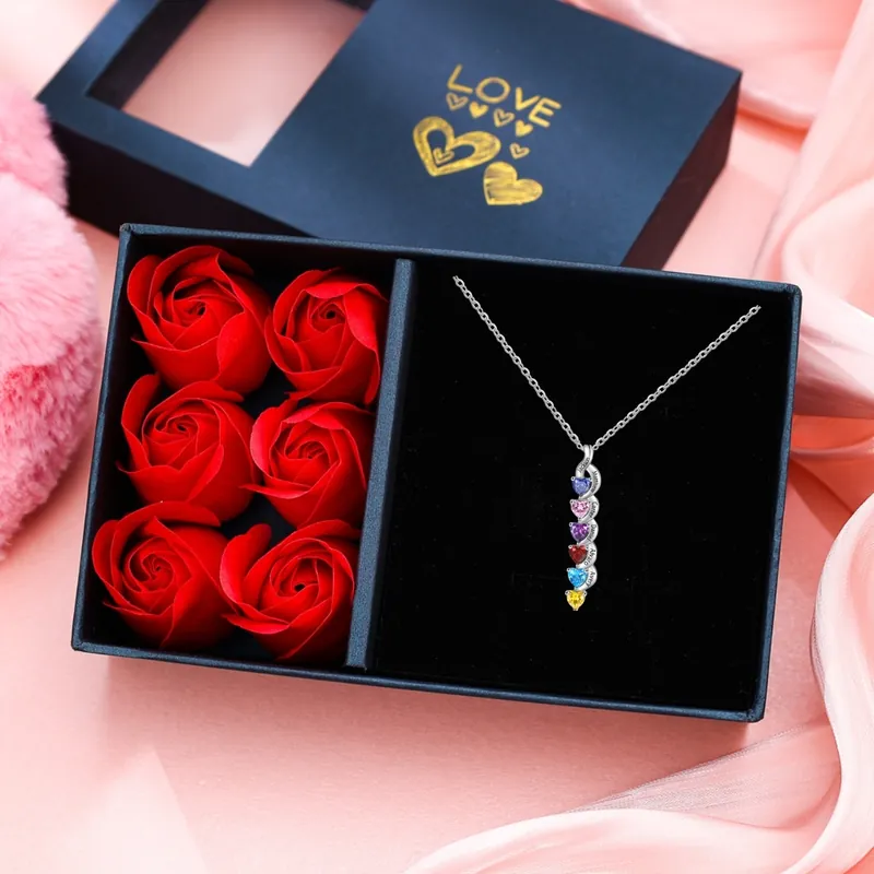 Collier DNA Cœur 6 Prénoms Personnalisés avec Pierres de naissance pour Femme Vente Flash