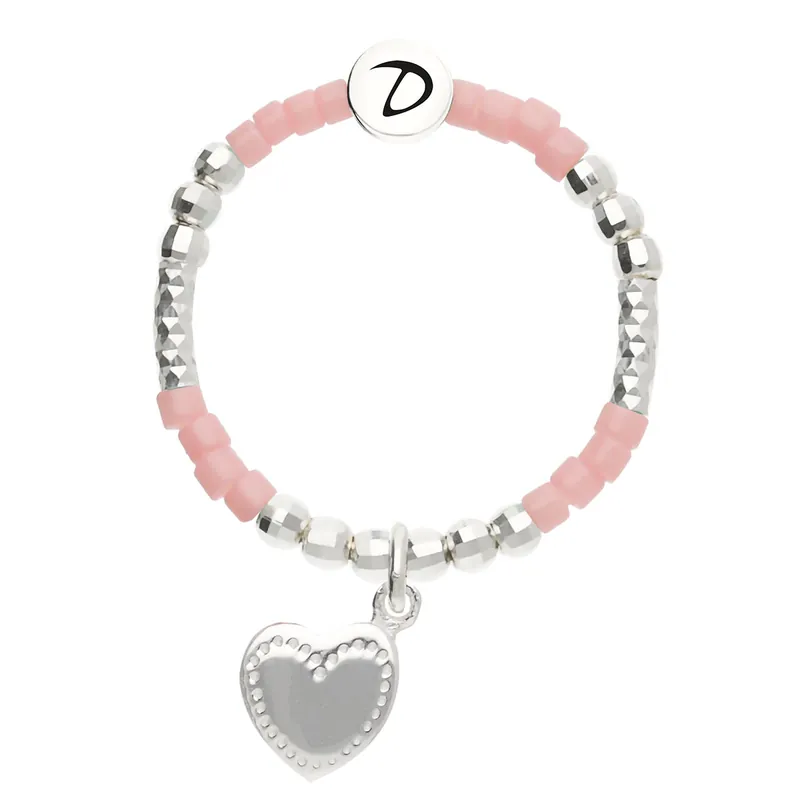 Haute Qualité Bague Élastique Argent 925 Rose Corail Coeur Penché Gravable