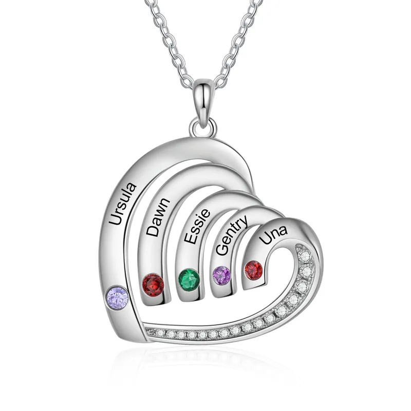 Collier Pendentif Cœur 5 Prénoms Personnalisés avec Pierre de naissance pour Femmes Prix Promo