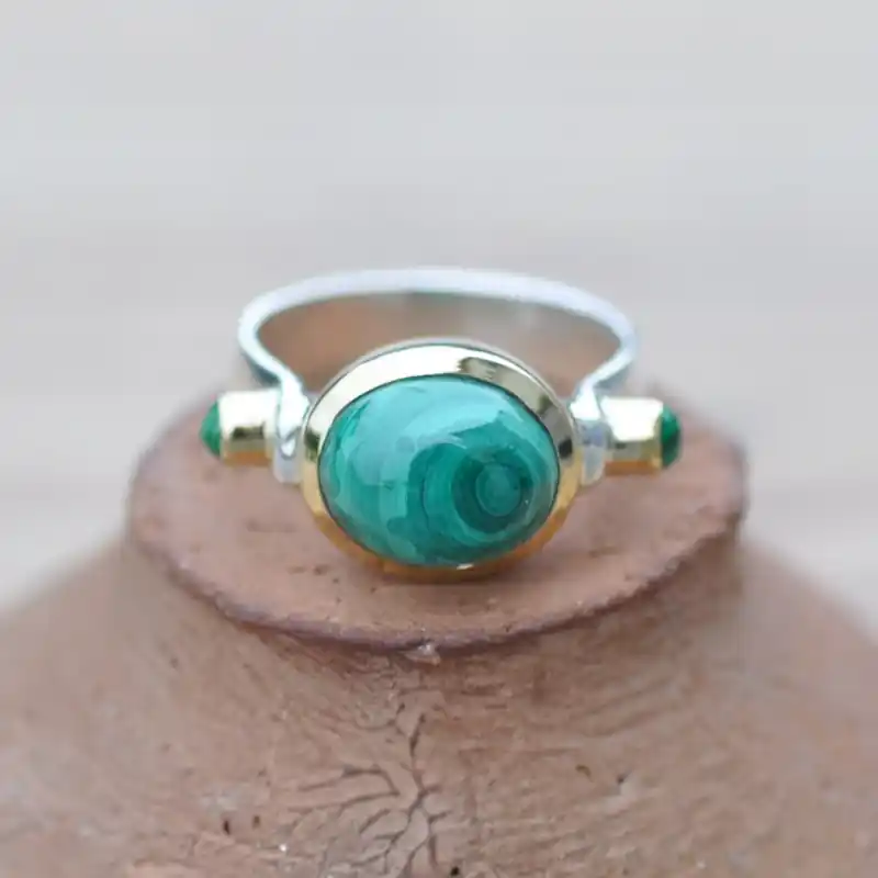 Satisfait Ou Remboursé Bague argent et argent dore 3 pierres cabochon Malachite T52\\/53\\/54\\/55\\/56\\/57