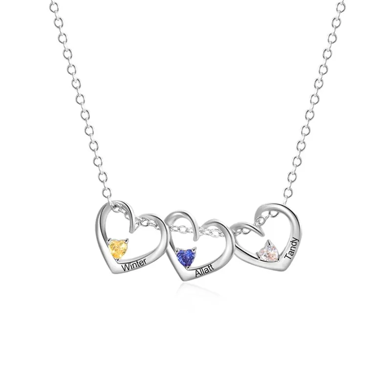 Prix Choc Collier Pendentif Cœur 3 Prénoms Personnalisés avec Pierre de Naissance Collier Femmes