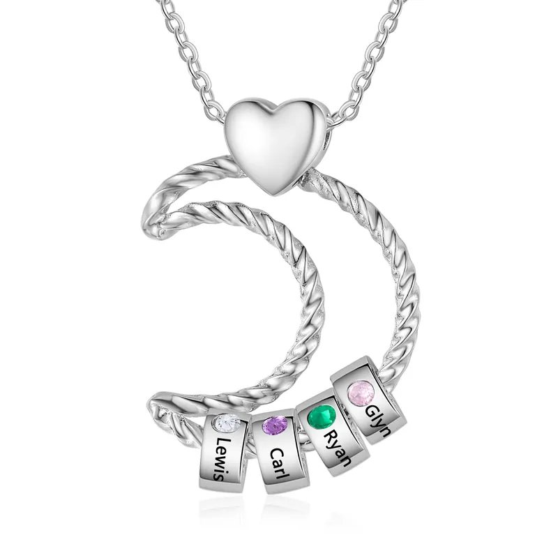 Collier Pendentif Lune 4 Prénoms et Perles Personnalisés avec Pierres de Naissance Collier Femmes Soldes