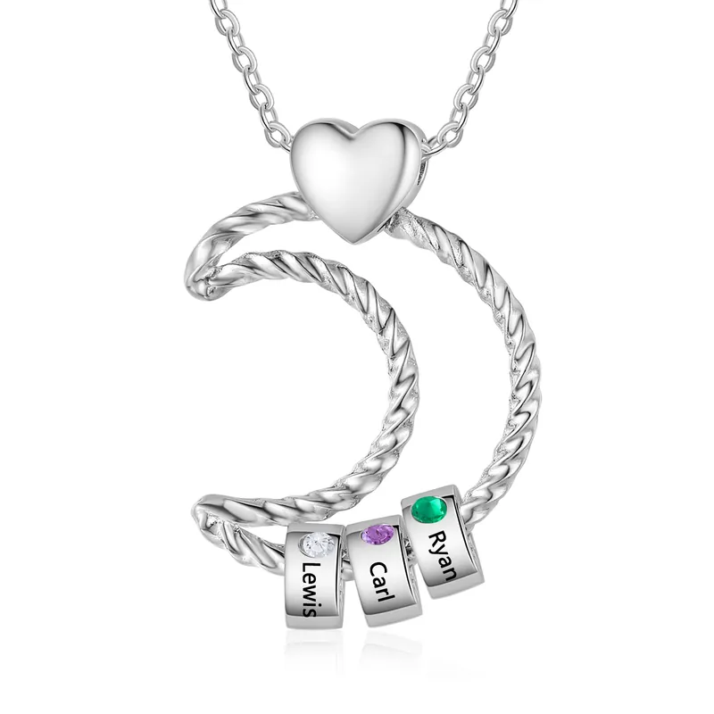 Livraison Mondiale Collier Pendentif Lune 3 Prénoms et Perles Personnalisés avec Pierres de Naissance Collier Femmes