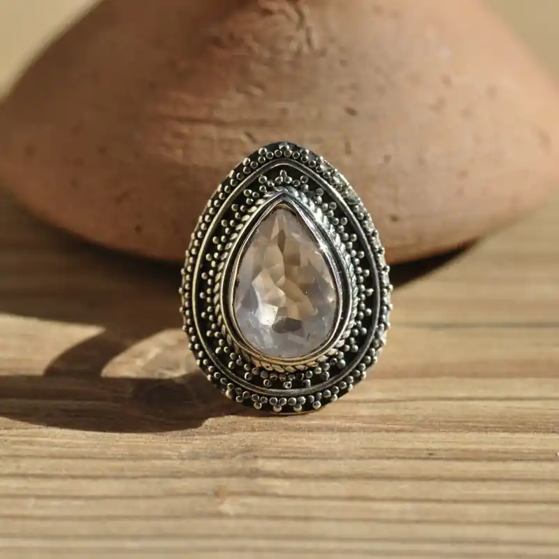 Bague ethnique argent et pierre goutte en Quartz rose facettee T52\\/58 Commande En Gros