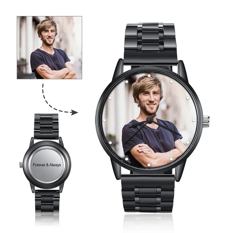 Montre Personnalisée Photo avec Gravure du prénom ou Message Bracelet en acier inoxydable Promotion